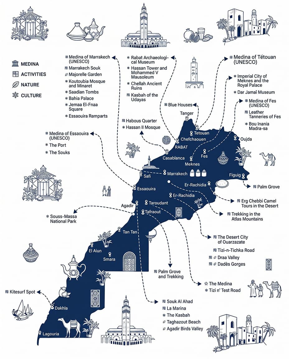 Illustrated Morocco travel map — cities, UNESCO sites, activities and cultural landmarks
